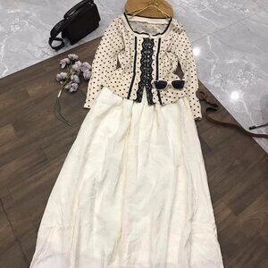 Polka Dot Lace Cardigan & Cream Maxi Skirt Set Romantic 2-Piece